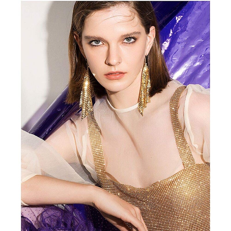 Suyi Trendy Women Earrings Metal Mesh Grid Sequins Tassel Long Drop Dangle Earrings Gold - Image 3
